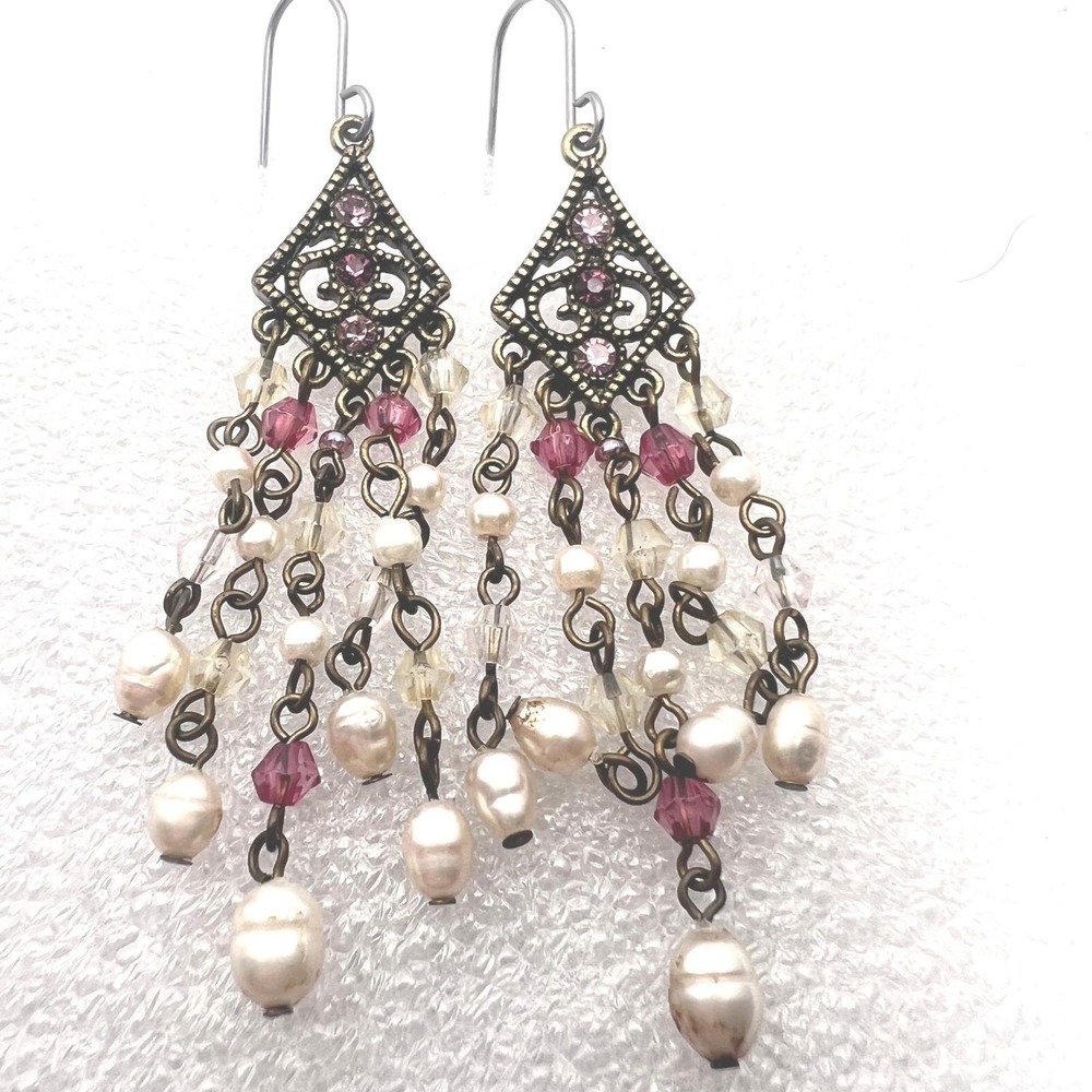 Trifari Chandelier Drop‎ Earrings Faux Pearls Purple Crystals Victorian Revival